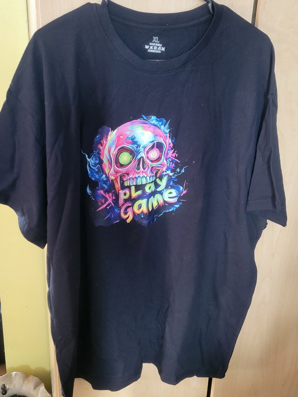 🧋NEW🧋Hand Crafted Black Tee with Neon Multicolor Skull Graphic